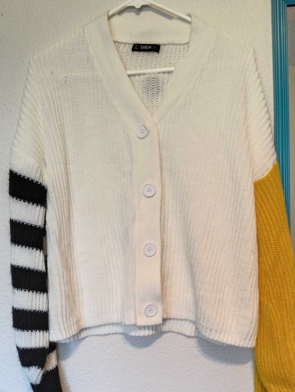 SHEIN White Knit Button-Front Cardigan with Black Striped and Yellow Sleeves